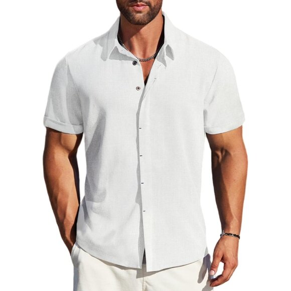 Men's White Linen Short Sleeve Button Down Casual Shirt Business Dress - Picture 1 of 6